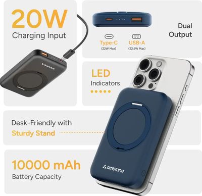 Ambrane 10000 mAh 22.5 W Wired & Wireless With MagSafe Compact Pocket Size Power Bank (Black, Lithium Polymer