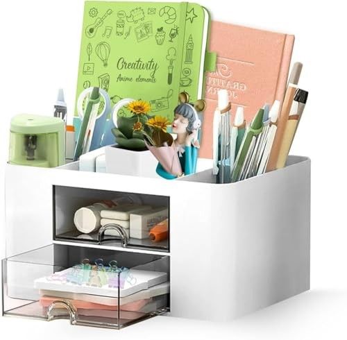 Shuttle Art Desk Organizer with 2 Drawers | Multi-Functional Stationery Holder for Office, Study Table, Home | 5 Compartment Pen, Pencil, Marker Storage Box for School & Art Supplies (White)