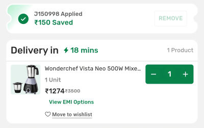 Bigbasket - Wonderchef Vista Neo Mixer grinder at Rs.1131