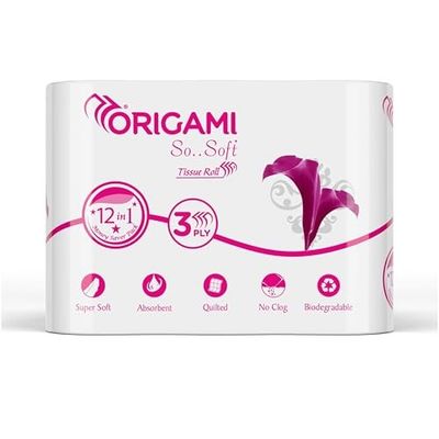 Origami 3 Ply Toilet Tissue Paper Roll - Pack of 12 (140 Pulls Per Roll, 1,680 Sheets)