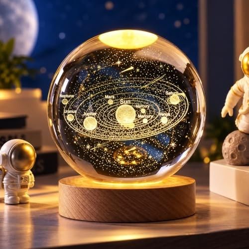 Desidiya Universe Crystal Ball Night Light, 2.4 Inch Glass Ball Night 10W LED Lamp with Woodern Base, Decorations Gifts for Men, Women, Kids, Boys, Girls, Teens