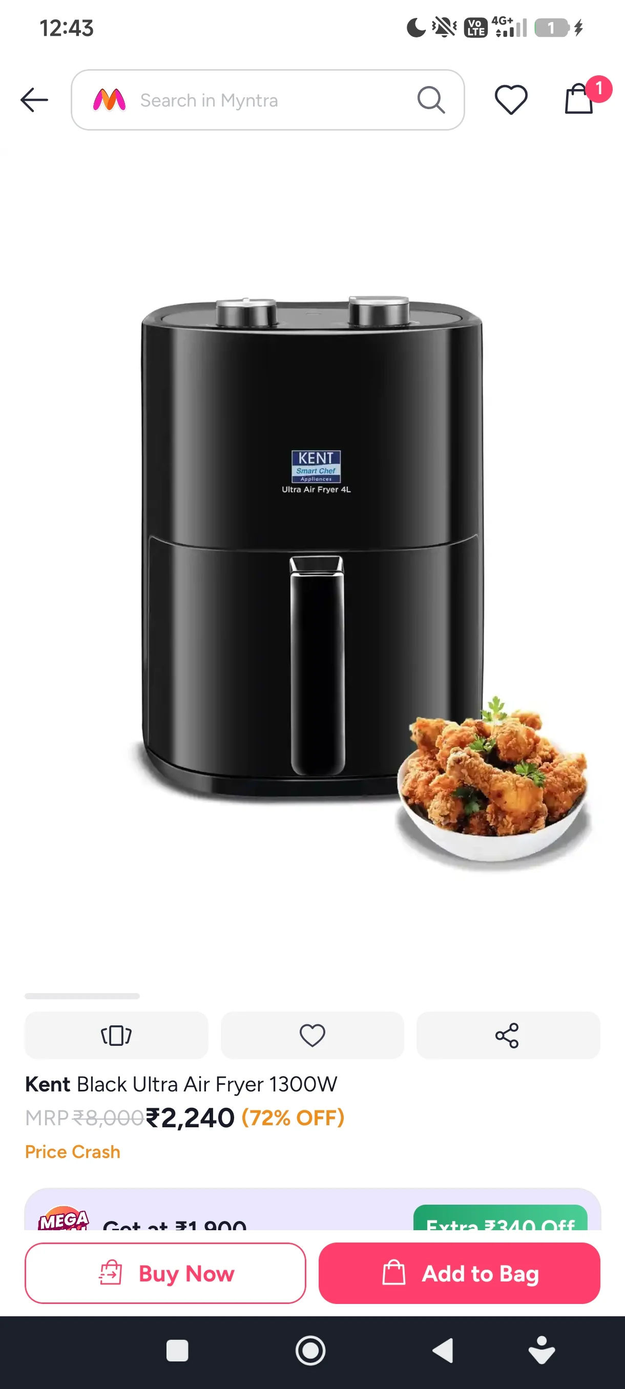 MYNTRA STEAL DEAL- Kent Air Fryer 1300W at 1900