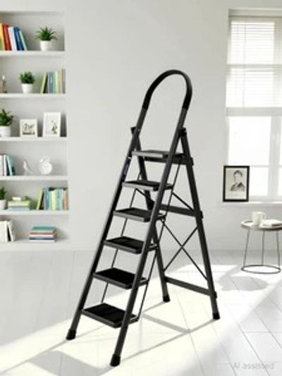 Plantex Ladder for Home/Anti-Skid Strong Foldable Wide 6 Step Ladder-(Apex -Black) Steel Ladder (With Platform)