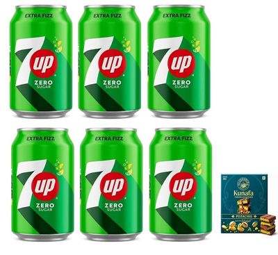 7UP Zero Sugar Carbonated Soft Drink, Extra Fizz, Lemon Flavour, 300mL X Pack of 6 Cans (From UAE) Get Flavourito Kunafa Chocolate 20g Absolutely Free By DECADENT FOODS