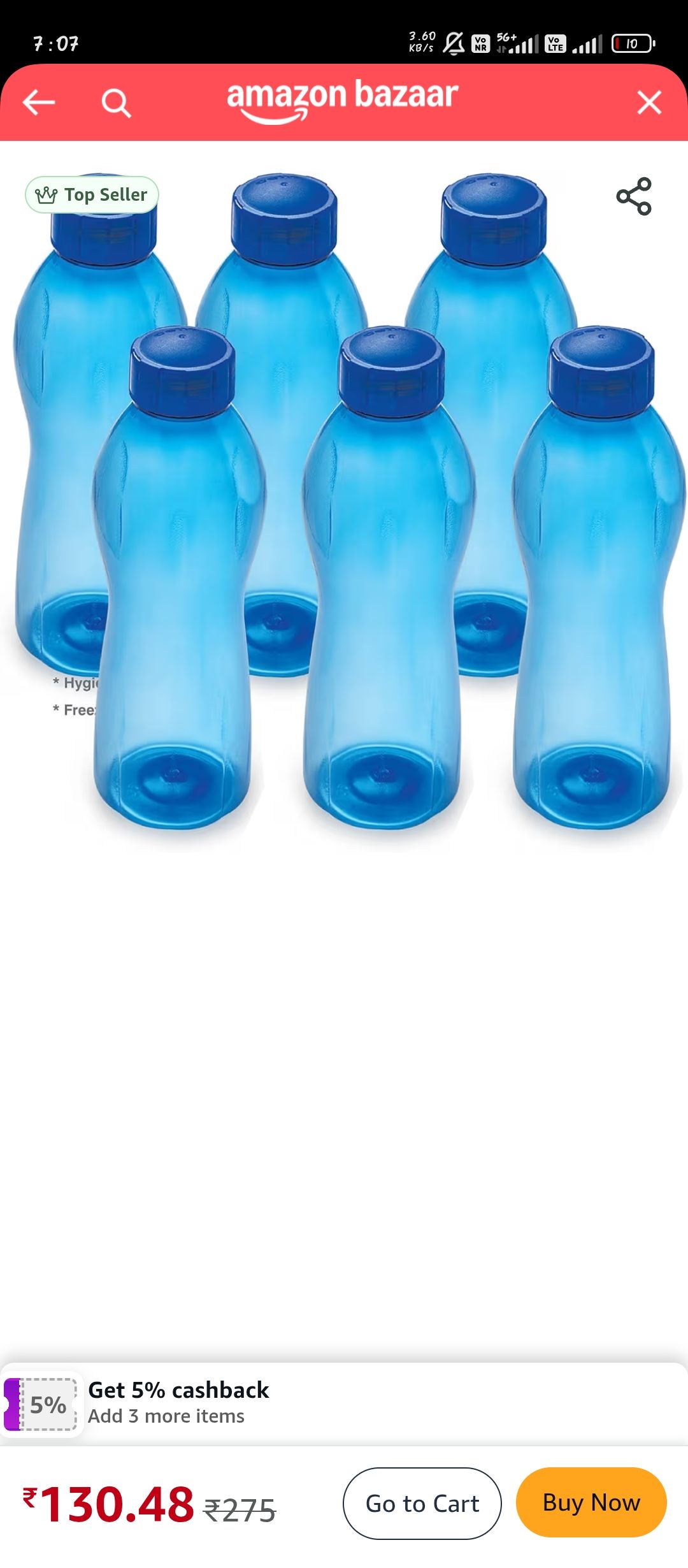 Amazon bazaar:Cello 1Lt bottle 6 pcs @130 (21.66/pc)