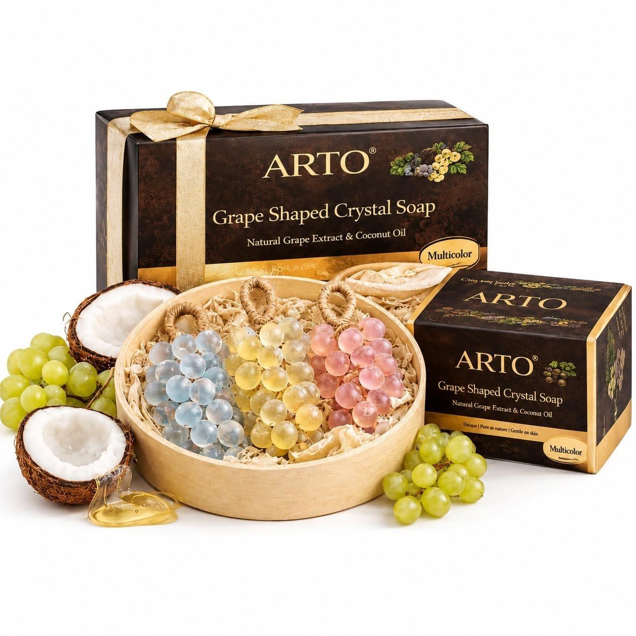 ARTO Grape Shaped Crystal Soap - Decorative Handmade Bathroom Soap Bar - Natural Grape Extract & Coconut Oil for Deep Cleansing & Moisturizing - Elegant Guest Soap & Home Decor Gift (Multicolor)