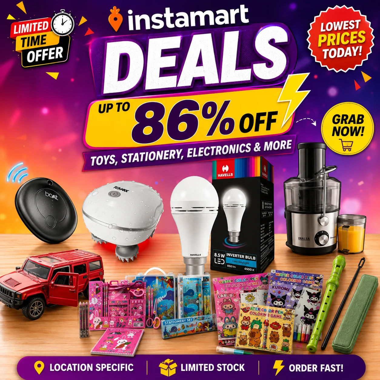 Instamart: Up to 86% OFF on Toys, Stationery, Electronics & More