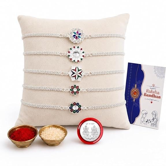 Periapt Multicolor Rakhi Combo with Pooja Thali/Tilak Set, Greeting card, Pooja Coin