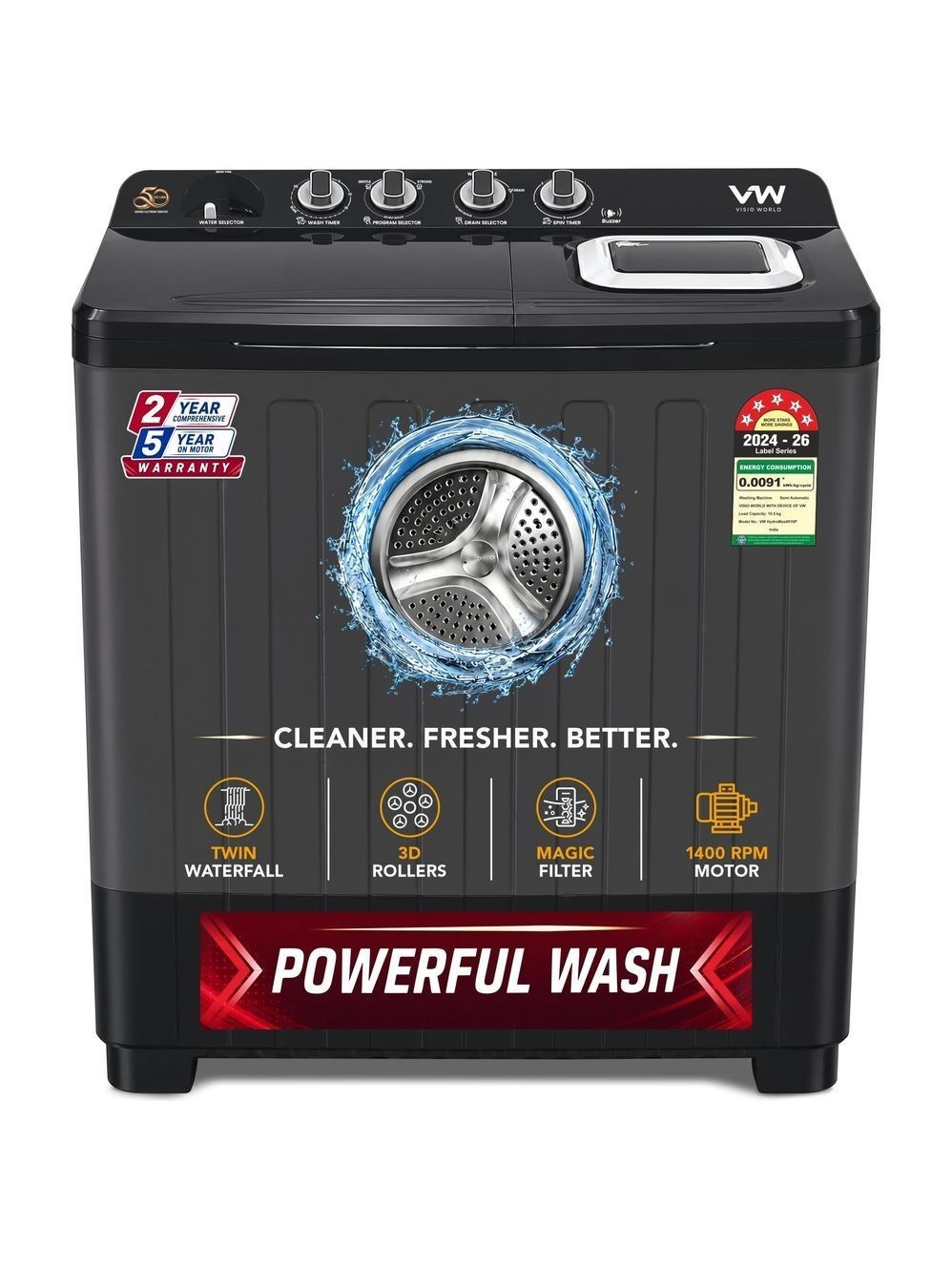 VW 10.5 kg Semi Automatic Top Load Black