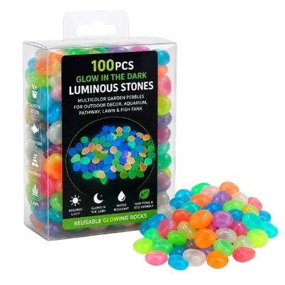 100PCS Glow in The Dark Luminous Stones - Multicolor Garden Pebbles for Outdoor Decor, Aquarium, Pathway, Lawn & Fish Tank | Reusable Glowing Rocks (Mix Colors)