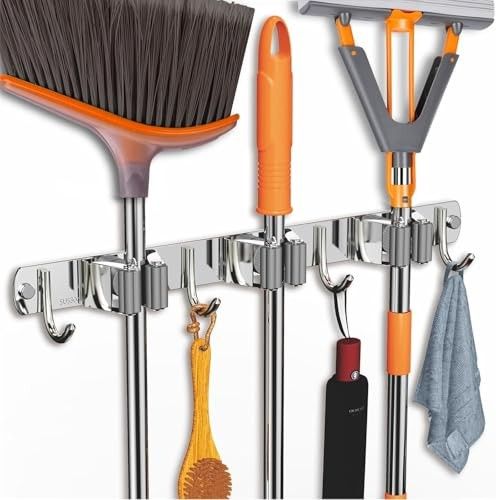 JD FRESH 3 Slot & 4 Hook Stainless Steel Mop and Broom Holder Wall Mount,