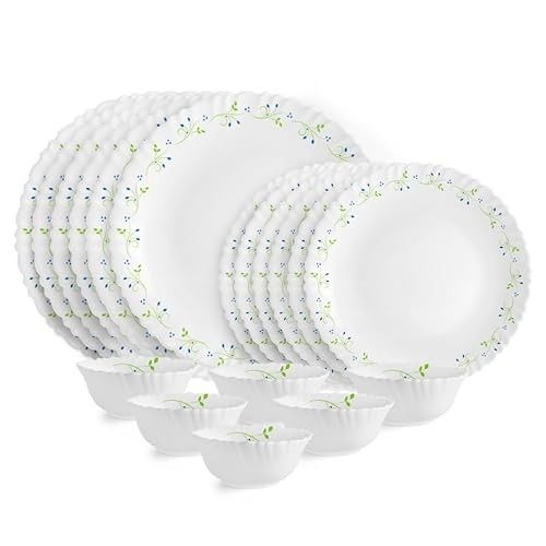 CELLO Tropical Lagoon Dazzle Series Opalware Dinner Set of 18 Pieces For Family of 6 | Bone-Ash Free & Leadfree Opal Glass, Microwave & Dishwasher Safe Plates & Bowls Crockery Set For Dining & Gifting