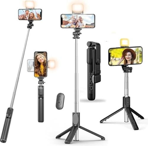 K2 Selfie Stick Tripod Stand, 3 in 1 Multifunctional Design, Rechargable LED Light with Two Brighness Levels for Make up, Selfie & Photo Shoot, Selfie Stick with Bluetooth Remote (70cm with light)