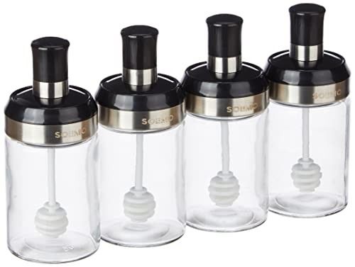 Amazon Brand - Solimo Borosilicate Glass Sauce Jar with Dipper, Set of 4 (250 Ml Each),Black