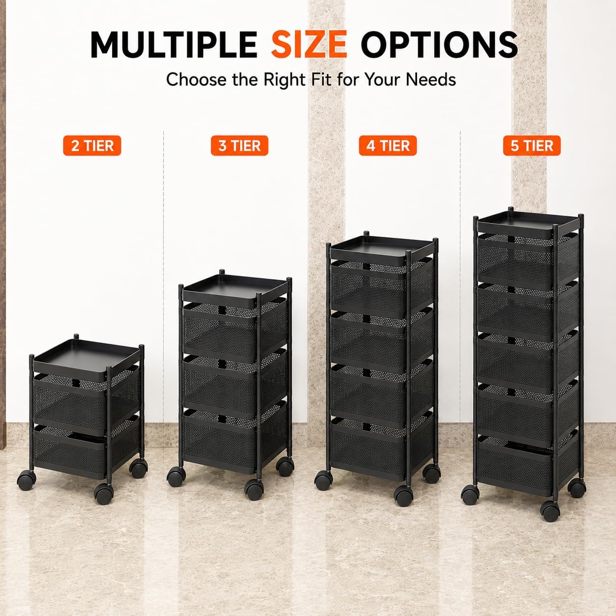 Homeor 3 Layer Kitchen Trolley with Wheels | 360° Rotating Metal Storage Rack for Vegetables, Fruits, Onion & Spices | Square Multipurpose Kitchen Organizer Stand | Metal Kitchen Trolley, Matte Black