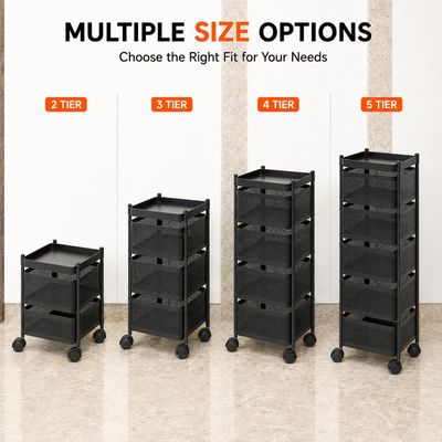 Homeor 3 Layer Kitchen Trolley with Wheels | 360° Rotating Metal Storage Rack for Vegetables, Fruits, Onion & Spices | Square Multipurpose Kitchen Organizer Stand | Metal Kitchen Trolley, Matte Black