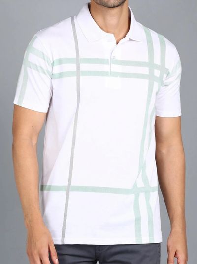 3BROS Men Striped, Typography Polo Neck Cotton Blend (180 gsm) Wh...more