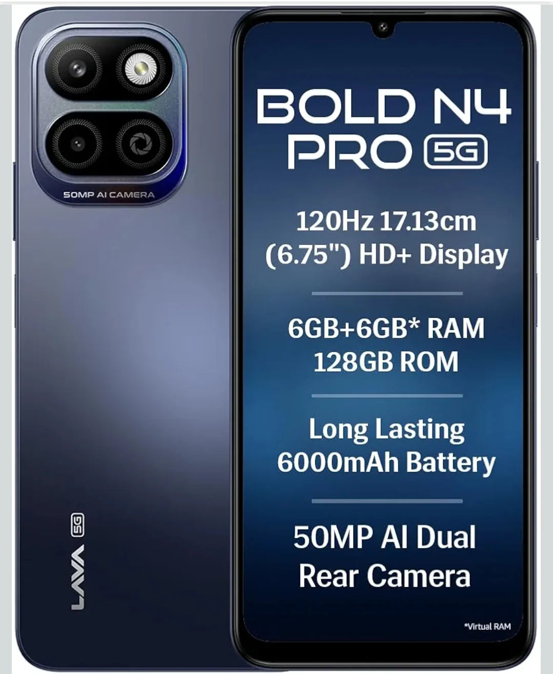 Lava Bold N4 Pro 5G (Monaco Blue, 6GB RAM, 128GB Storage) | 50MP AI Rear Camera | 6000mAh