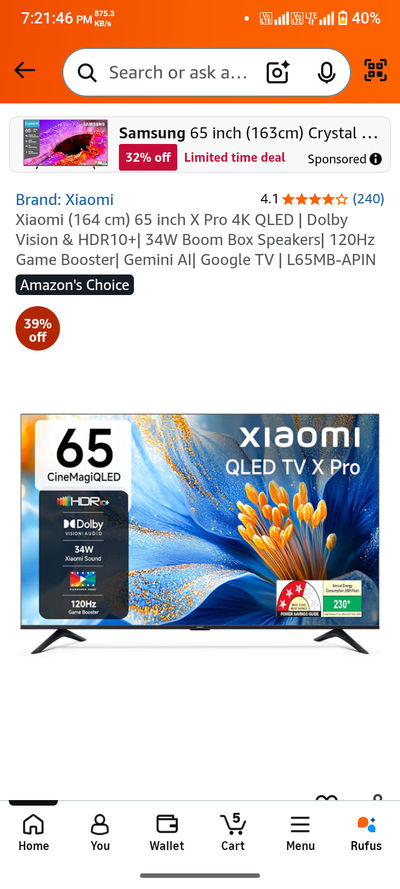 Xiaomi (164 cm) 65 inch X Pro 4K QLED | Dolby Vision & HDR10+| 34W Boom Box Speakers| 120Hz Game Booster| Gemini AI| Google TV | L65MB-APIN
