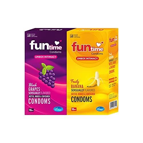 Funtime Flavoured Condoms for Men Count 10 - Combo (Pack of 2 Black Grapes, Pack of 2 Fruity Banana) Total 40 pcs