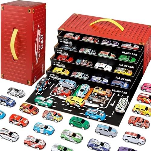 SHOPOGENIX Toy Cars for Kids, 48 Pull Back Race Cars Toys, Container Storage Box, Die Cast Metal Tay Set, Racing Pattern, Race Party, Small for Boys Girls Toddlers 3-8 Years Old (Red)