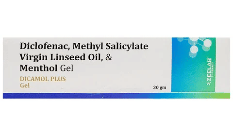 Dicamol Plus Gel For Body Pain Relief Diclofenac diethylamine (11.6mg)+ Methyl Salicylate (100mg)+ Oleum Lini (30mg)+ Menthol (50mg)