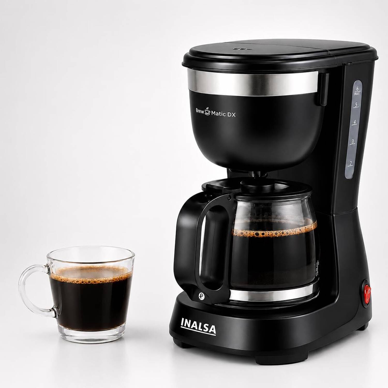 Inalsa Brew Matic DX |Anti Drip|See Through 680ml Carafe|630ml Water Tank |650W 6 Cups Coffee Maker (Black/Silver)