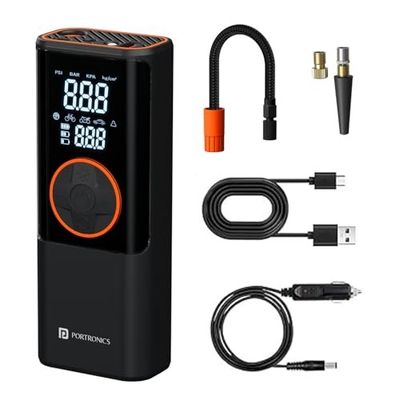 Portronics Vayu 4.0 Tyre Inflator with 2-in-1 Rechargeable & Corded Power, Preset Inflation Modes, Digital Display, Flashlight Torch, Auto Shut-Off, Air Pump Compressor for Car & Bike (Black)