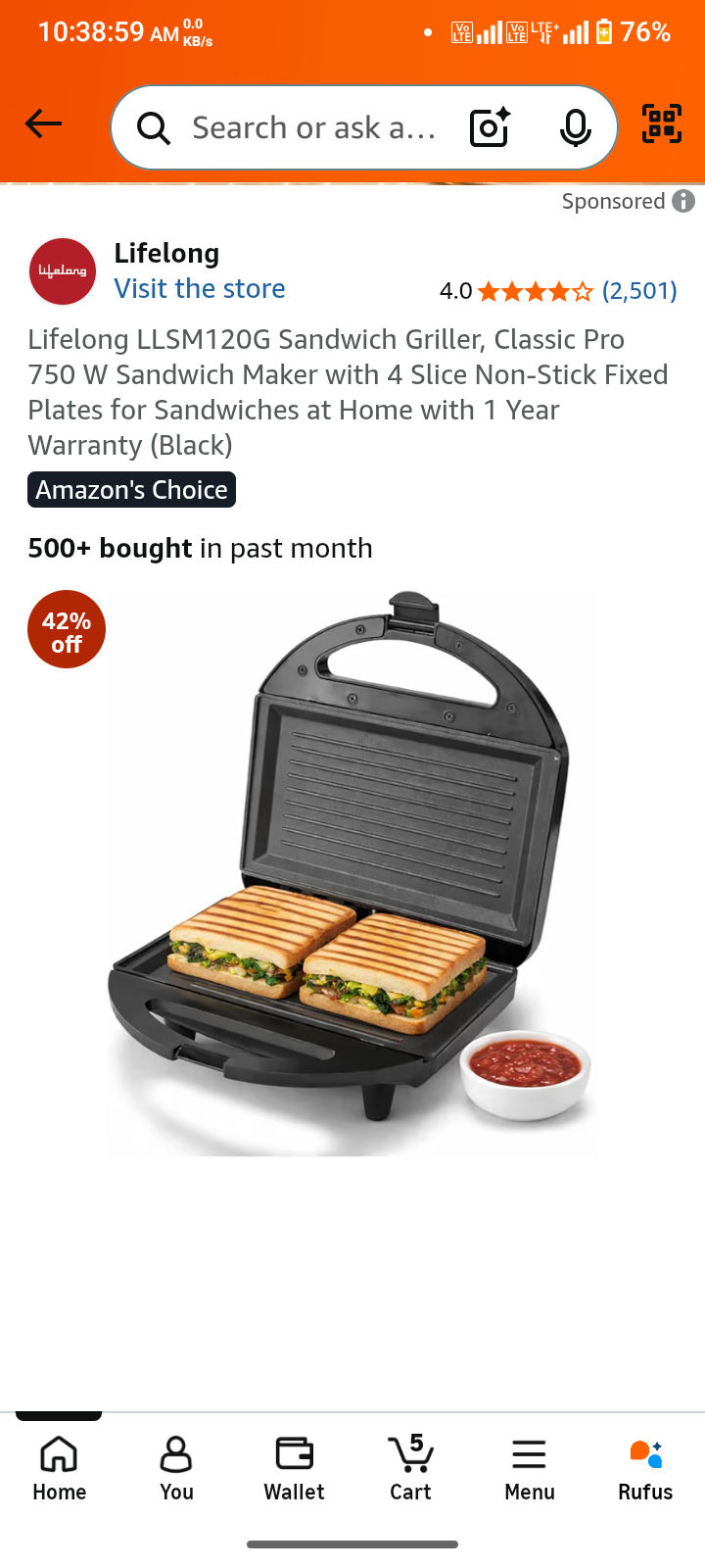 Lifelong LLSM120G Sandwich Griller, Classic Pro 750 W Sandwich Maker with 4 Slice Non-Stick Fixed Plates for Sandwiches at Home with 1 Year Warranty (Black)