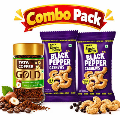 Tata Simply Better Snacking Combo Black Pepper Cashew (23 g x 2) & Tata Coffee Gold Instant Hazelnut Coffee (50 g)