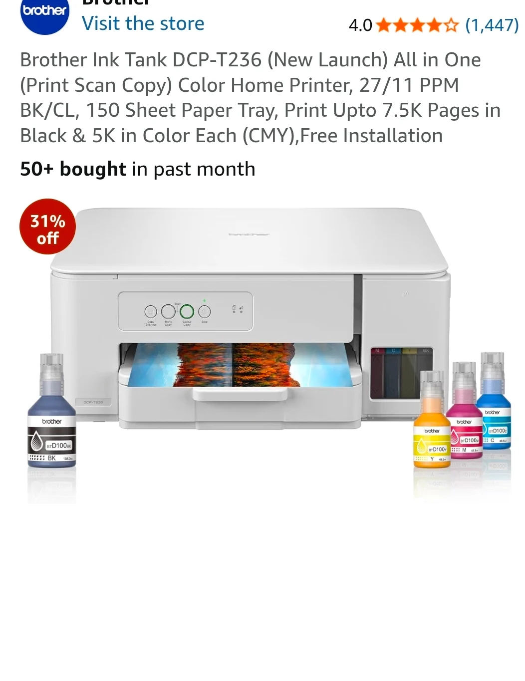 Brother Ink Tank (Print Scan Copy) DCP-T236 (New Launch) All in One Color Home Printer, 27/11 PPM BK/CL, 150 Sheet Paper Tray, Print Upto 7.5K Pages in Black & 5K in Color Each (CMY),Free Installation