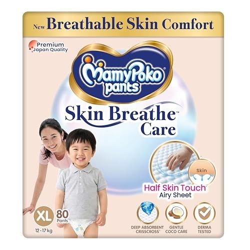 MamyPoko Pants Skin Breathe Care | Baby Diapers Extra Large Size (XL) | 80 Count | 12-17Kgs | Half Skin Touch Airy Sheet | 3X Breathable | Derma Tested