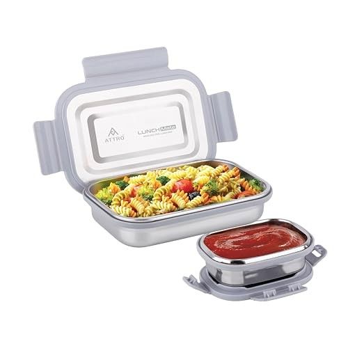 ATTRO Lunchmate Stainless Steel Lunch Box with 1 Small Container Airtight Spill-Proof BPA Free Food Grade Ideal for Office, School, Picnic, 800ml+180ml- Grey