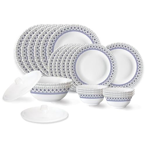 Larah by Borosil Ocean Fluted Series Opalware Dinner Set | 23 Pieces for Family of 6