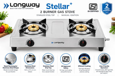 Longway Stellar Stainless Steel Top, 2 Burner Manual Ignition Stainless Steel Gas Stove (Silver, ISI Certified, 2 Year Warranty)