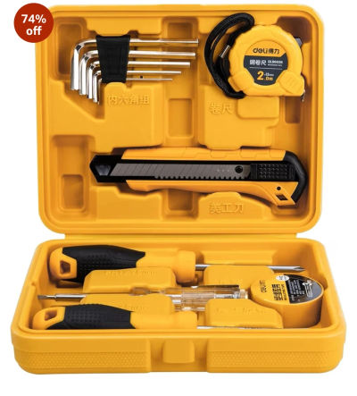 Deli DL1011J 11 Piece Household Tool Kit Portable & Compact with Test Pen Electrical Tape Measure Tape Screwdrivers Utility Knive 5-Hex Keys and Storage Box for DIY Home Repair (Yellow)