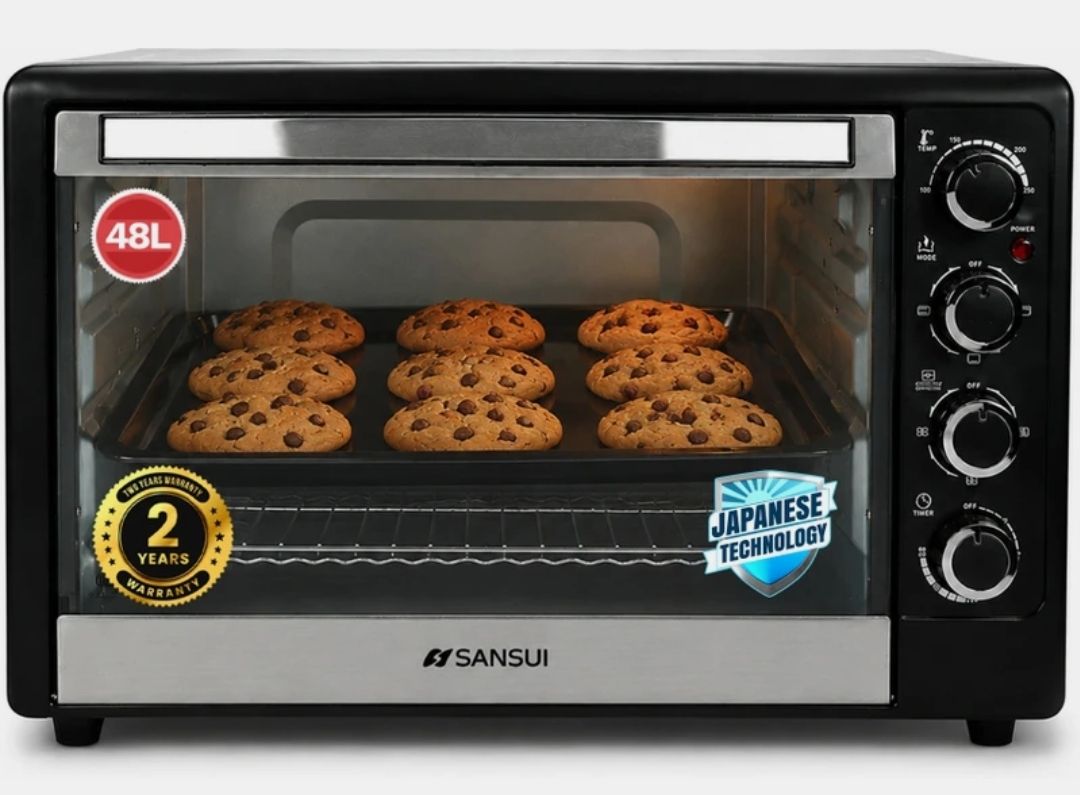 sansui 48-Litre 2000 Watt, Interior Light,Convention Fan, 5 Cooking Modes with Rottisserie Set OTG Black