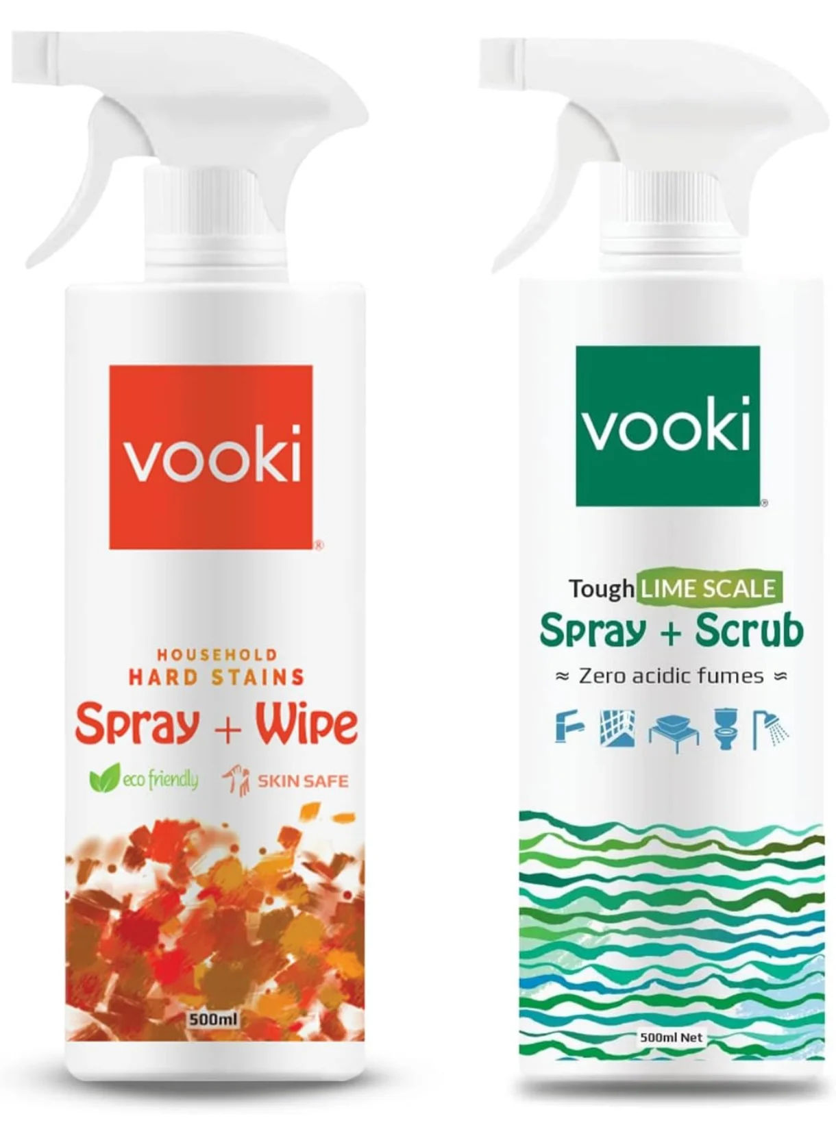 Vooki Eco-Friendly Kitchen Cleaning Spray & Lime Scale Remover Combo for Bathroom, Tap, Hard Water Stains, Gas Stove, Chimney, Tough Grease & Stains, Home and Commercial Use - 500ml (Pack of 2)