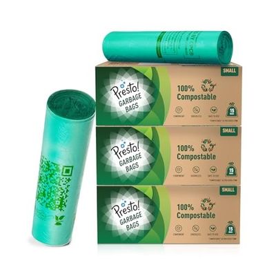 Amazon Brand - Presto! 100% Compostable Garbage Bags | Small (S) | Green | 45 Count | 15 Bags X 3 Packs | 17 x 19 Inches | Strong and Durable | For Dry and Wet Waste