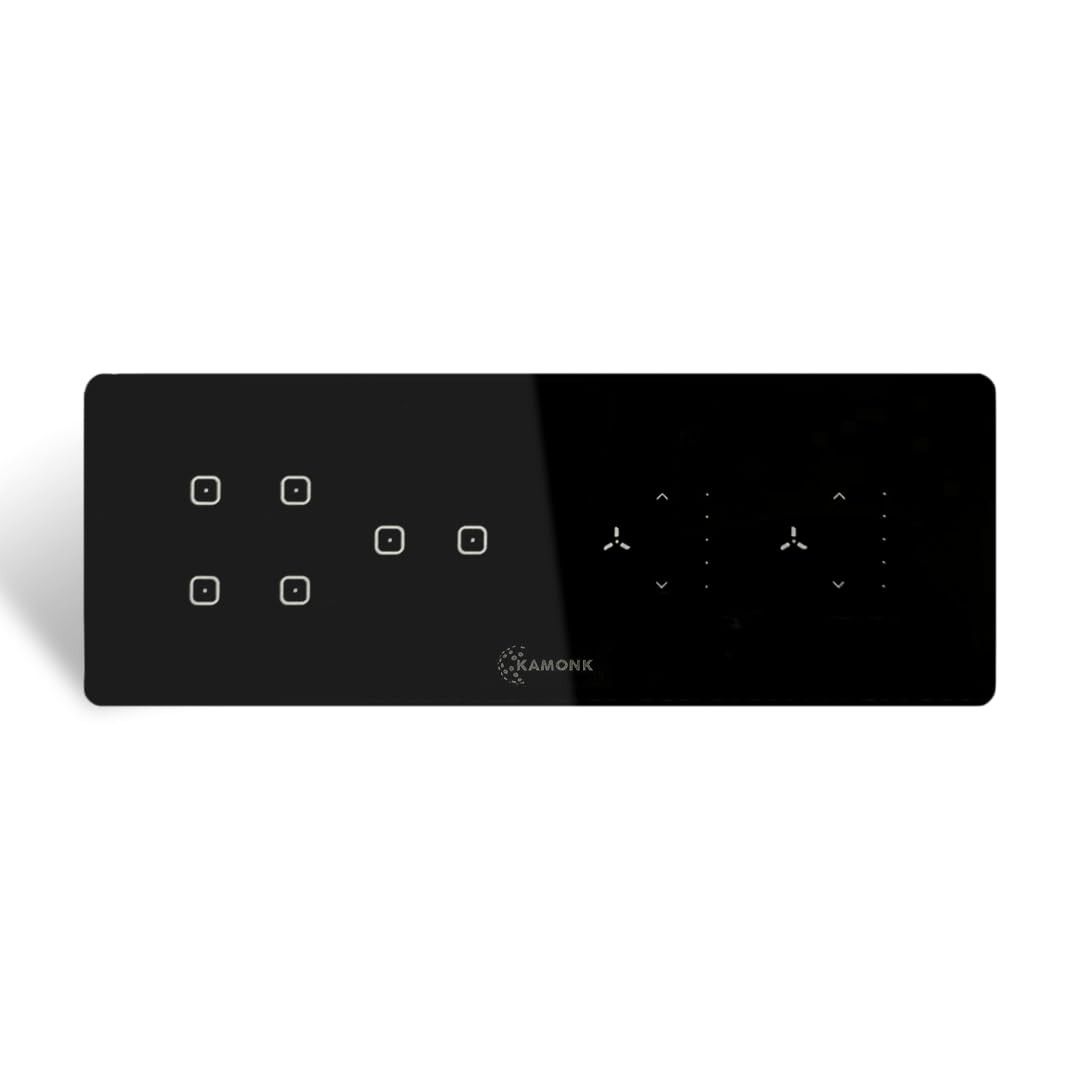 8 Module Custom Plate/Horizontal: (4 Gang x 1 unit) + (2 Gang x 1 unit) + (Fan Regulator x 2 units) | Compatible with Alexa, Google Assist., Siri Shortcuts