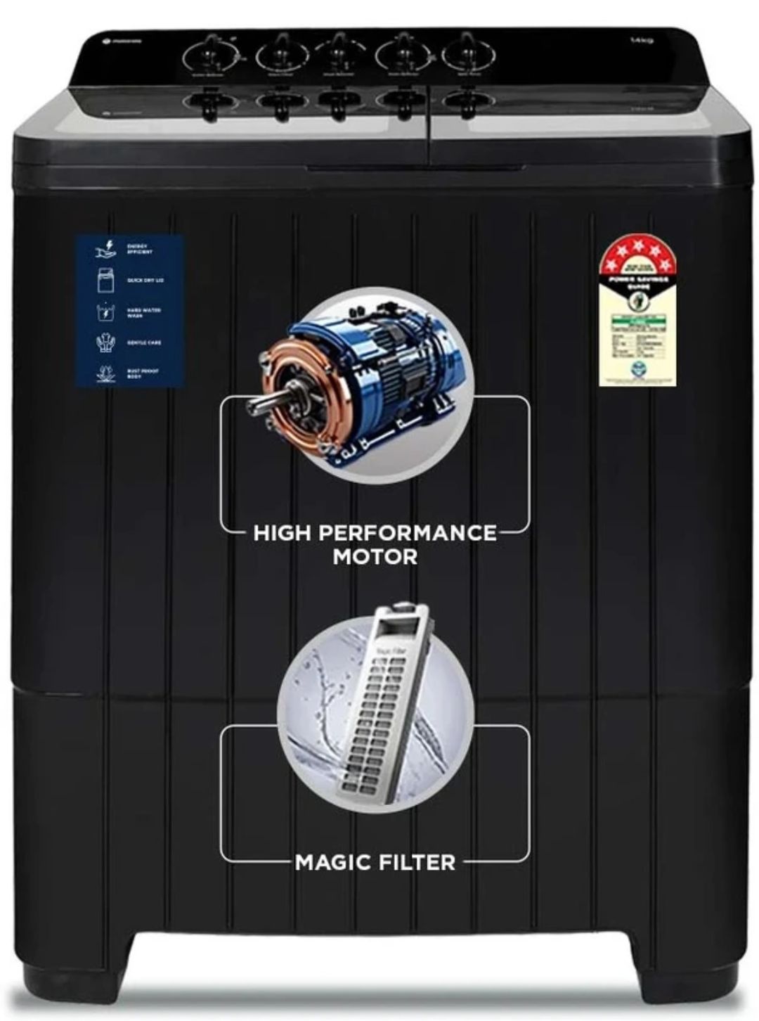 MOTOROLA 14 kg 5 star rating Midnight Series Soft closing Glass Lid Semi Automatic Black