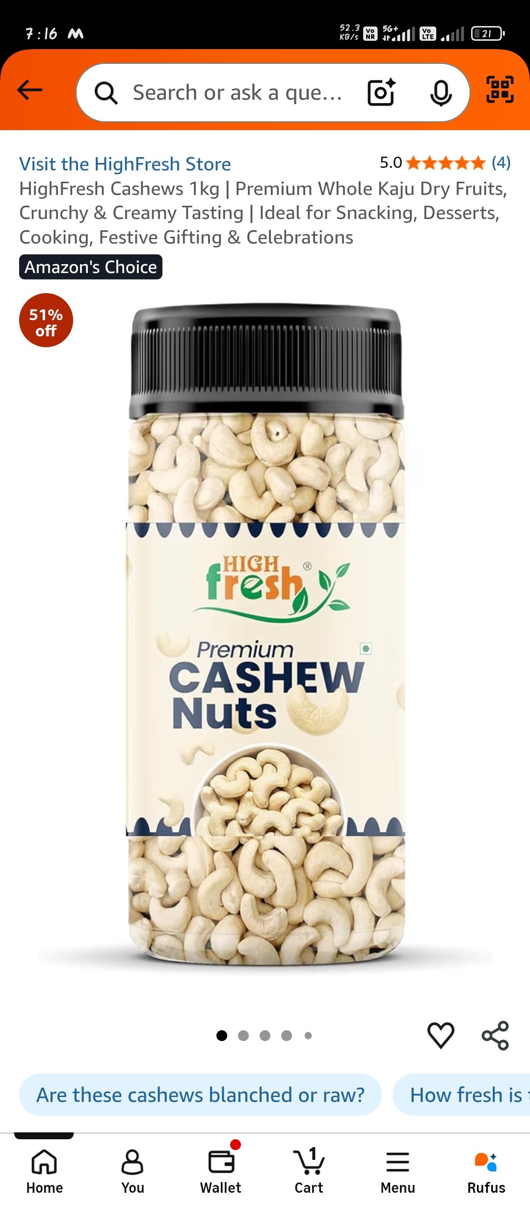 Premium Cashew at 779 /kg (5star rating)