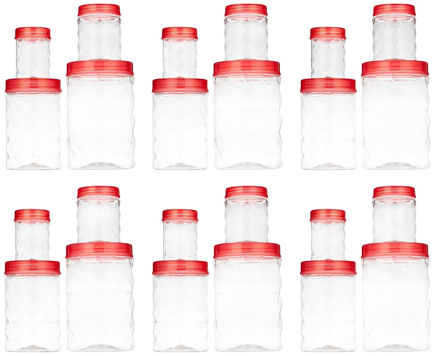 Clazkit Plastic Pet Storage Jar and Container, Set of 24 (120ml, 350ml, 650ml, 1.20ltrs Each), Red|Air Tight |Kitchen Organiser|BPA Free|Stackable