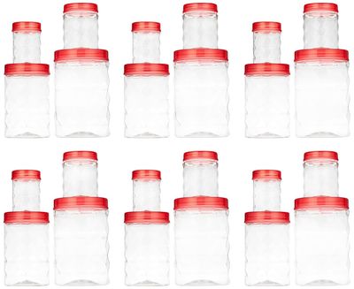 Clazkit Plastic Pet Storage Jar and Container, Set of 24 (120ml, 350ml, 650ml, 1.20ltrs Each), Red|Air Tight |Kitchen Organiser|BPA Free|Stackable