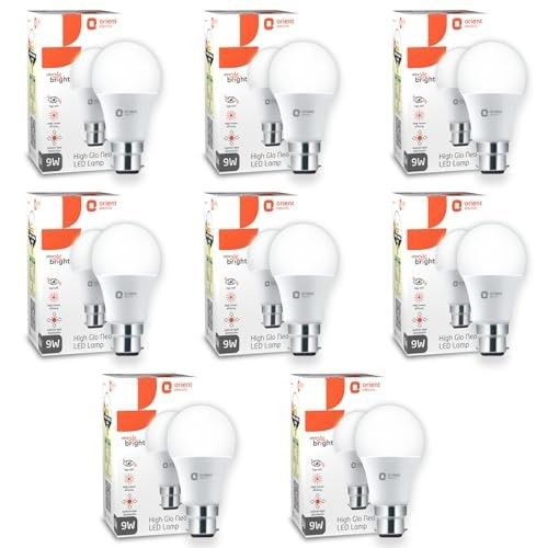 Orient Electric 9W High Glow LED bulb| 180-degree wide beam angle| Voltage surge protection up to 4 kV| 6500K, Cool White| B22d base| Made in India| Pack of 8