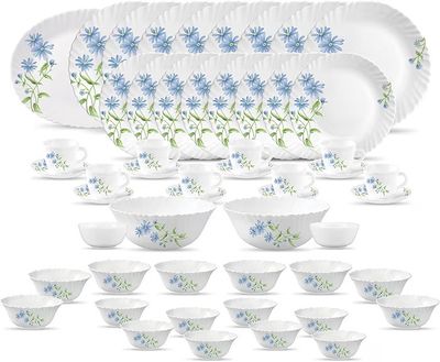 La Opala Classique Opalware Dinner Set, 53 Pcs for Family of 8, Blue Daisy