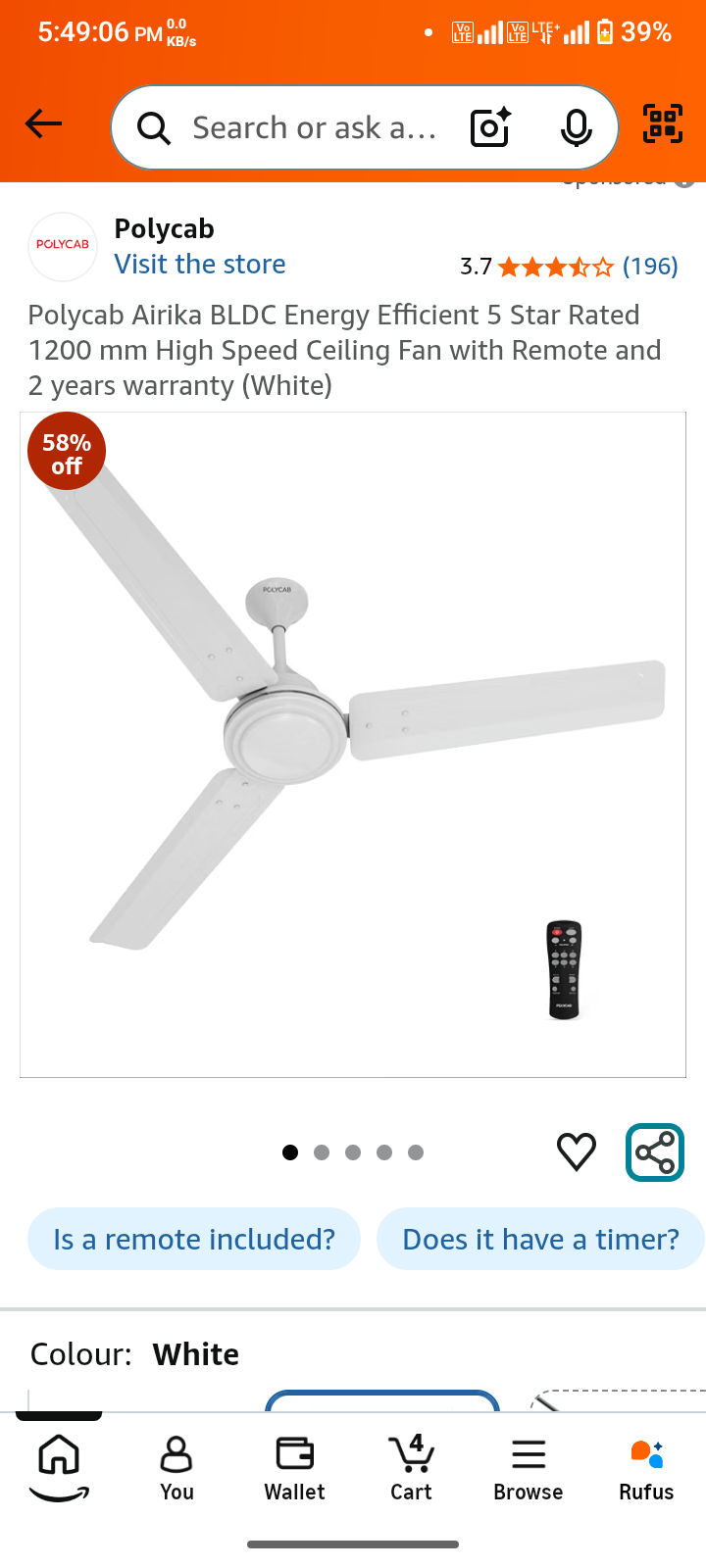 Polycab Airika BLDC Energy Efficient 5 Star Rated 1200 mm High Speed Ceiling Fan with Remote and 2 years warranty (White)