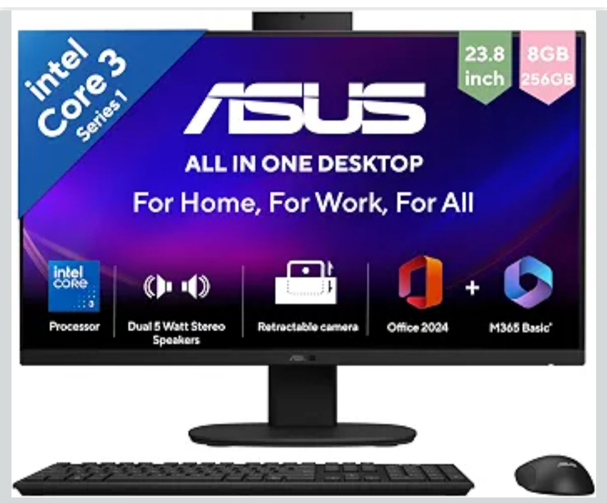 ASUS V440 (2026),i3-14th Gen,Intel Core 3 100U,Intel iGPU,8GB/256GB,FHD,23.8"(60.45 cm),Win 11,M365 Basic(1Y),Office 24,Black,5.46 kg,V440VAB-KBC3005WS,with Wireless Keyboard & Mouse,All in One PC