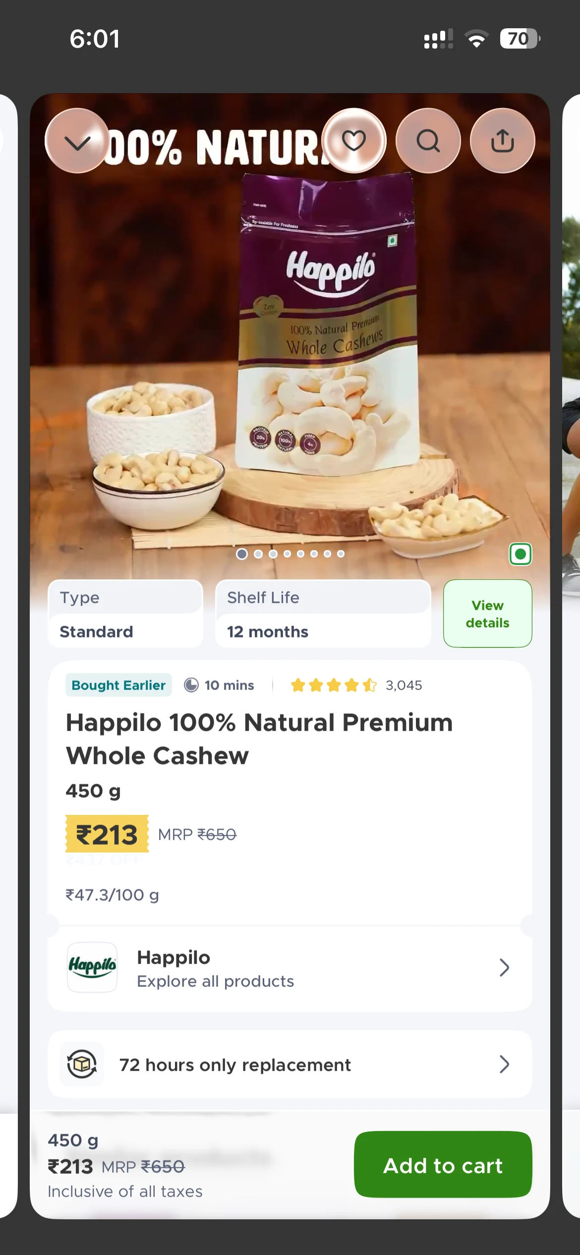 Happilo Premium Whole Cashew 450 gm at 213 on Blinkit
