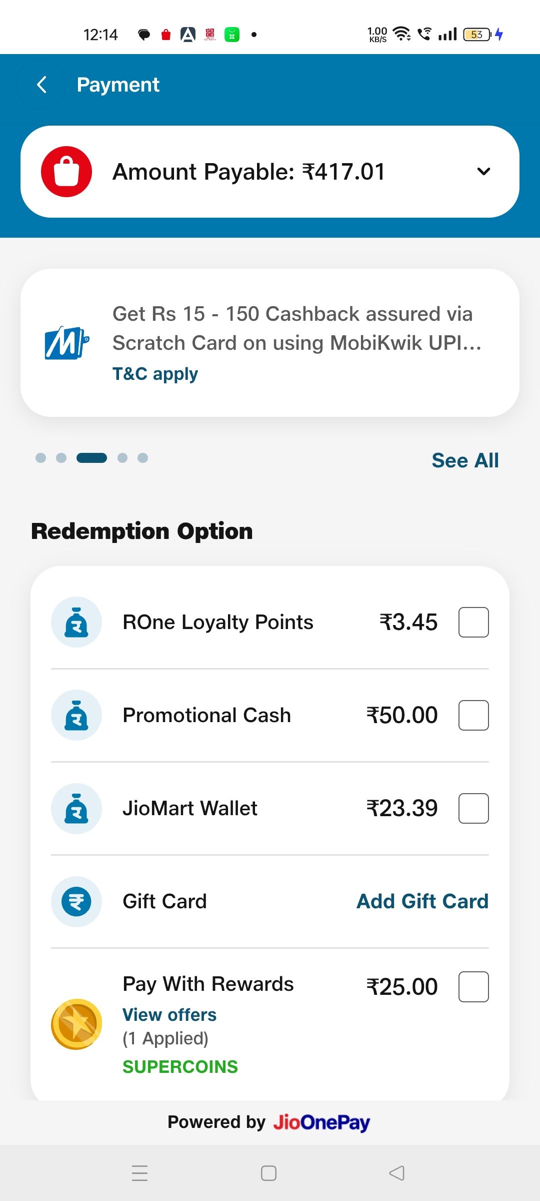 Jiomart added ₹50 Promotional cash